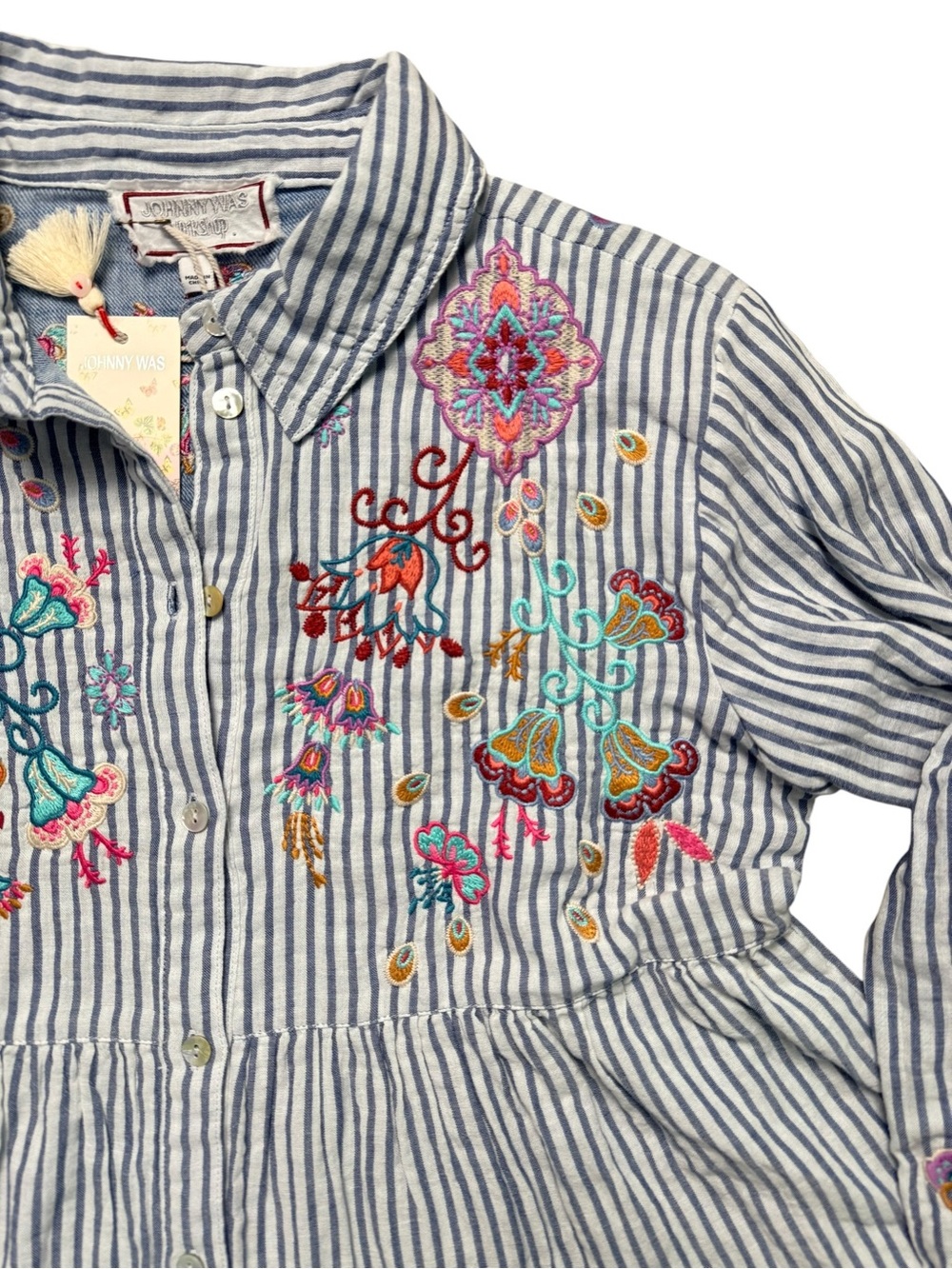 NWT Johnny Was Workshop Embroidered Stripe Tunic Top Small Boho Button Front - Picture 5 of 16